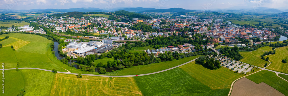 Aerial view of the village Pemfling in Germany, Bavaria on a sunny in Spring