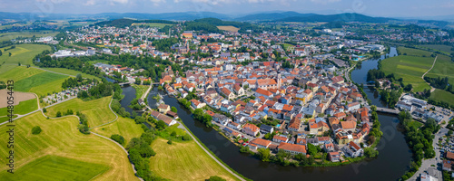 Aerial view of the city Cham in Germany, Bavaria on a sunny day in Spring