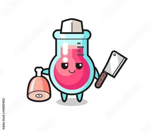 Illustration of laboratory beaker character as a butcher