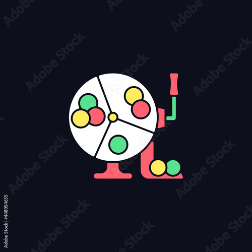 Ball draw machine RGB color icon for dark theme. Drawing winning numbers for lottery game. Bingo blowers. Isolated vector illustration on night mode background. Simple filled line drawing on black