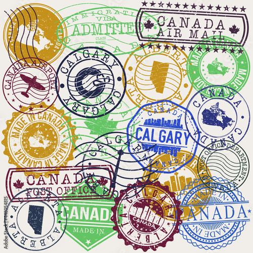 Calgary  AB  Canada Set of Stamps. Travel Stamp. Made In Product. Design Seals Old Style Insignia.