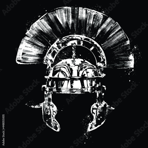 A beautiful Roman painted shiny helmet of an experienced centurion, on the top of his head he has a perpendicular crest, painted with textural brushes in white on black with blotches. 2d illustration