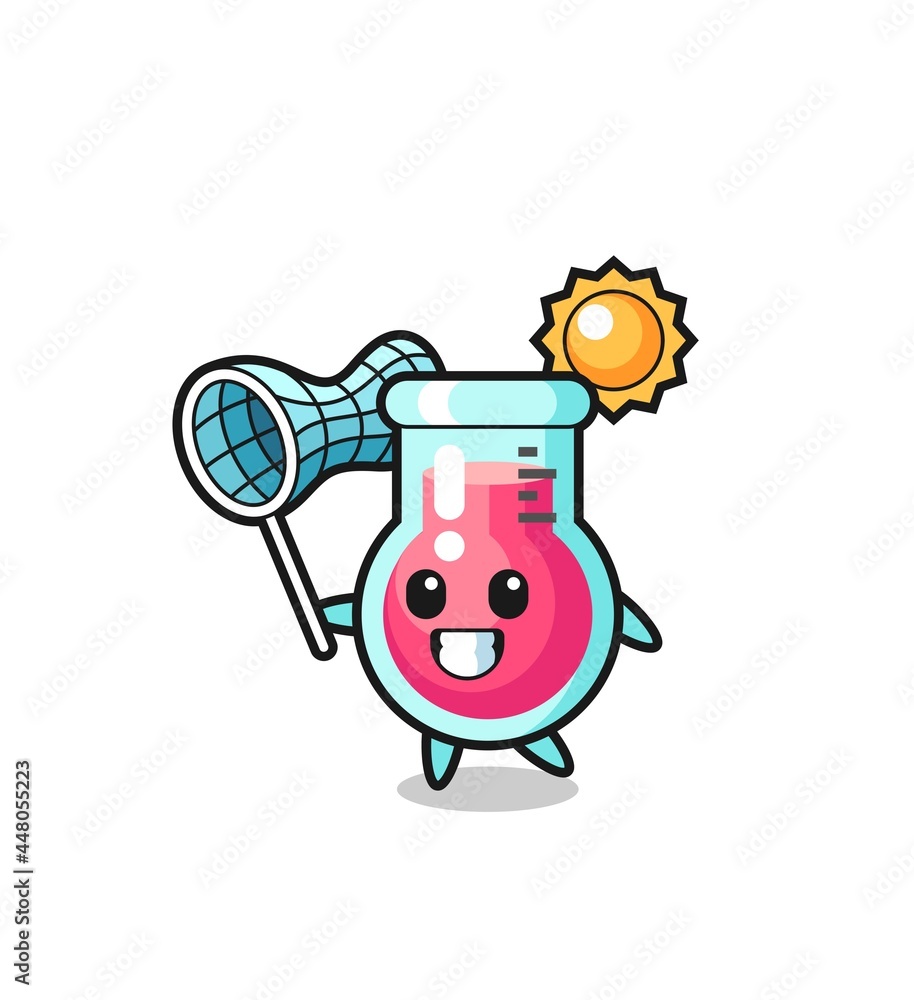 laboratory beaker mascot illustration is catching butterfly laboratory beaker mascot illustration is catching butterfly