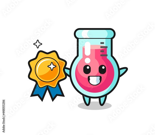 laboratory beaker mascot illustration holding a golden badge