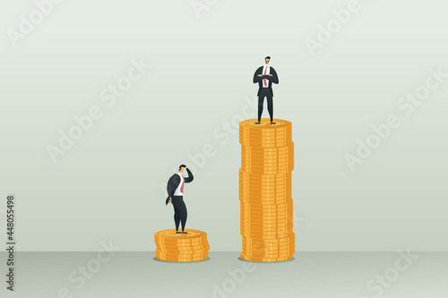 Difference in income unequal in salary Two business men on piles of coins form discrimination.