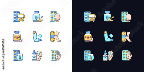 Pharmaceutical drugs light and dark theme RGB color icons set. Treat motion sickness. Lozenges for sore throat. Isolated vector illustrations on white and black space. Simple filled line drawings pack