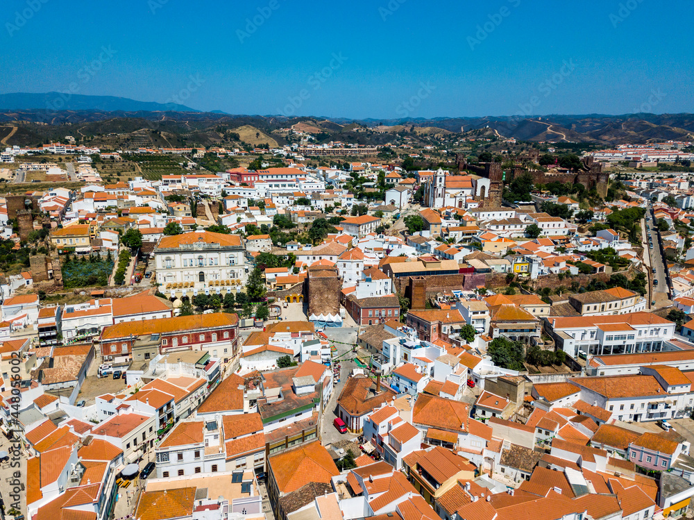 Aerial view of Silves with Moorish castle and historic cathedral, Portugal