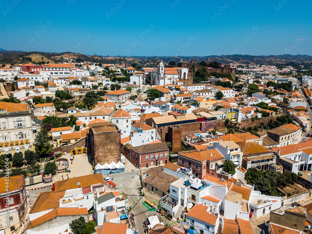 Aerial view of Silves with Moorish castle and historic cathedral, Portugal