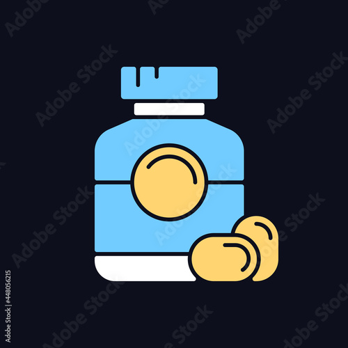Softgel RGB color icon for dark theme. Oral dosage medicine. Gelatin capsules. Multivitamin product. Isolated vector illustration on night mode background. Simple filled line drawing on black