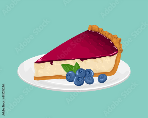 Blueberry cheesecake on white plate isolated. Vector illustration of sweet milk berry cake in cartoon flat style.