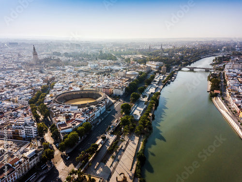 Aerial view of Seville with visible bullring and cathedral  Andalusia  Spain