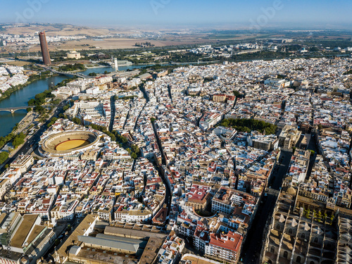 Aerial view of Seville with the tower, the bullring and the river, Andalusia, Spain