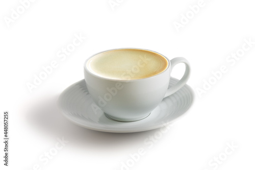 Front view of hot cafe Latte coffee with rosetta latte art in white ceramic cup isolated in white background. Arabica Espresso roasted coffee