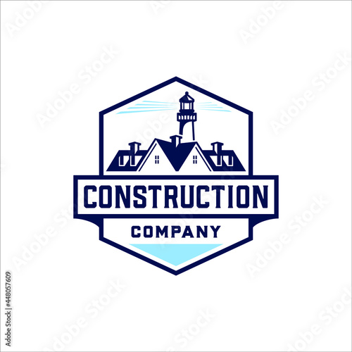 Coastal construction and lighthouse with retro style badge design