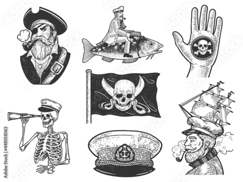 Pirate sea wolf set sketch engraving vector illustration. T-shirt apparel print design. Scratch board imitation. Black and white hand drawn image.