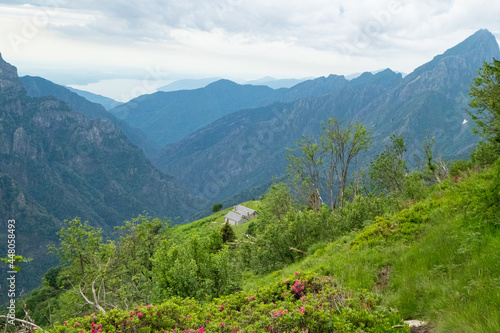 View from Pizzo Mottac over the alp towards the core of the valley of Val Grande National Park