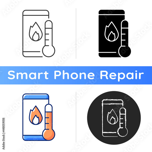 Phone overheating icon. Overheated smartphone notification. Mobile phone with fire on screen and thermometer. Hot battery problem. Linear black and RGB color styles. Isolated vector illustrations
