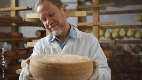 Smiling cheerful adult farmer holding big cheese round closeup looking at milky product. Healthy nutrition concept. Countryside farm eco business trend. Macro shooting. Milk products industry.