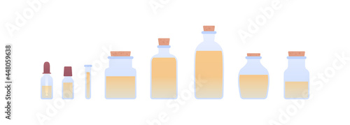 Aromatherapy and herbal medicine concept. Vector flat illustration set. Collection of glass bottle, jar and pipette with yellow oil liquid isolated on white background. Design element