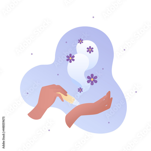 Aromatherapy and herbal medicine concept. Vector flat illustration. Brown female human hand applying essential oil on wrist by roller isolated on white. Scent and flower symbol