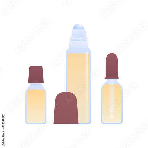 Aromatherapy and herbal medicine concept. Vector flat illustration. Glass bottle and pipette with yellow oil liquid isolated on white background. Design element © tasty_cat