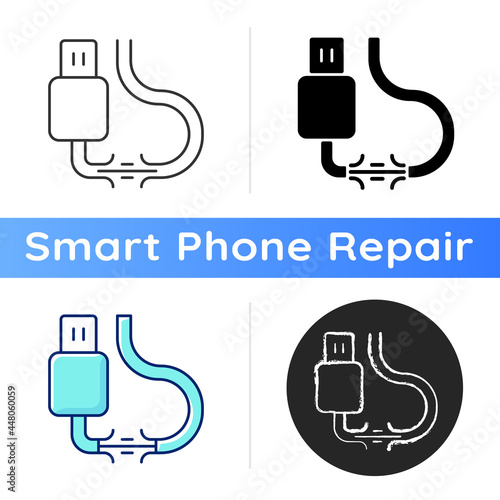 Torn cable icon. Frayed ribbon wire. Cord connection is broken. Usb cable defect problem. Mobile phone destroyed flex. Linear black and RGB color styles. Isolated vector illustrations