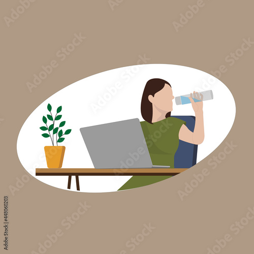 Woman drinks water while working at the table. Freelancer or office worker. Vector  in flat style. Woman uses laptop and phone while working on a project in the office. Office work.