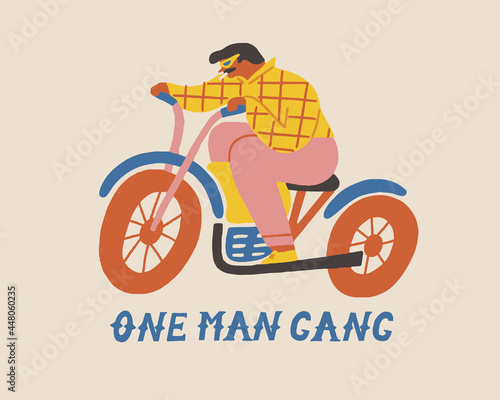 Poster or card with a brutal men biker riding a motorcycle illustration in vector. Vector illustration