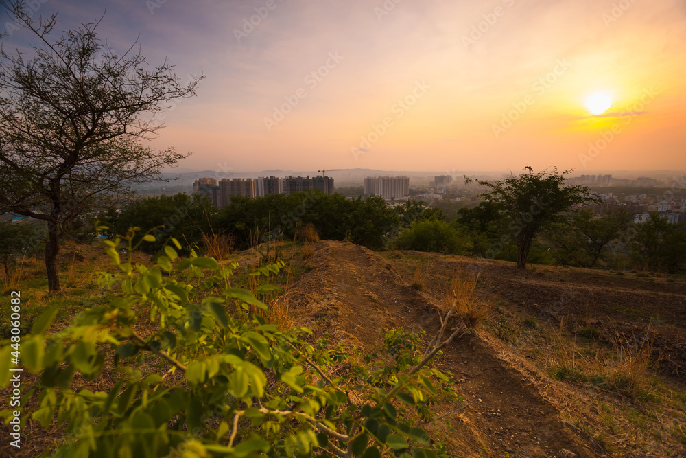 Early morning view from the hill top, a part of Pune city at the distance. 