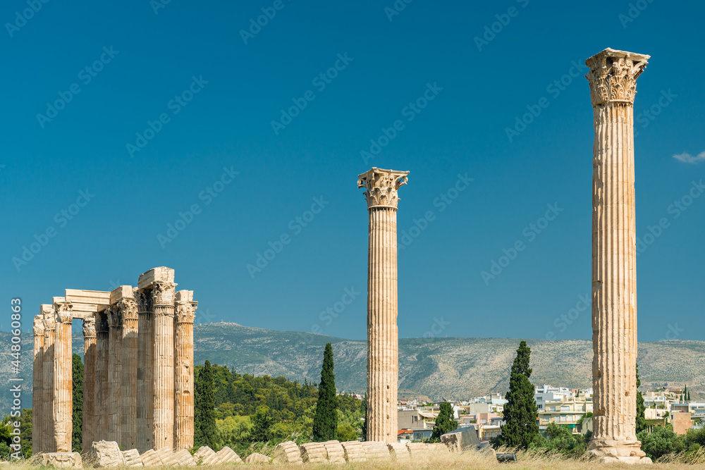 Greek Olympian Zeus temple, landscape with ancient ruins in Athens, Greece