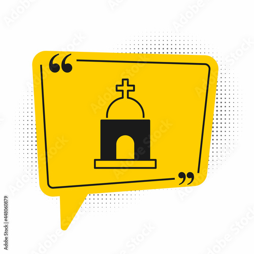 Black Old crypt icon isolated on white background. Cemetery symbol. Ossuary or crypt for burial of deceased. Yellow speech bubble symbol. Vector
