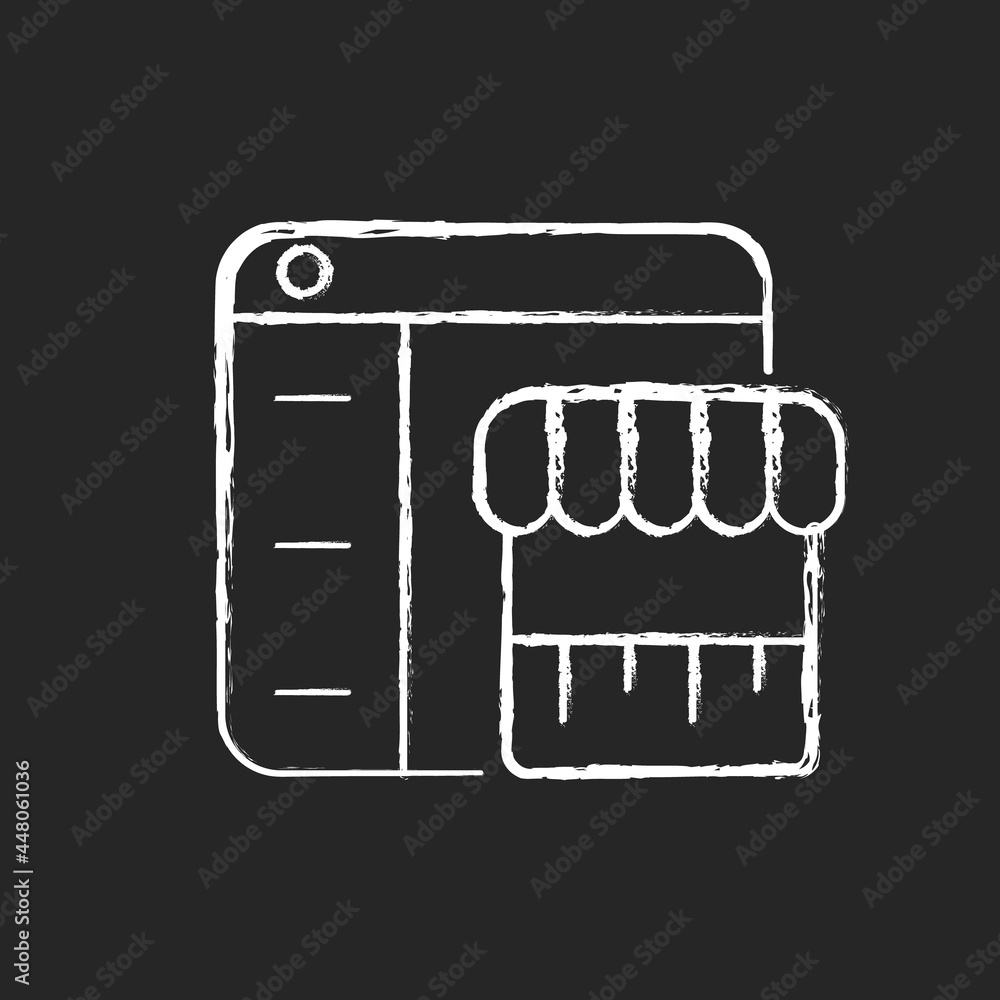 Online marketplace chalk white icon on dark background. Buying, selling items. Shopping from different sources. E-commerce. Digital middleman. Isolated vector chalkboard illustration on black