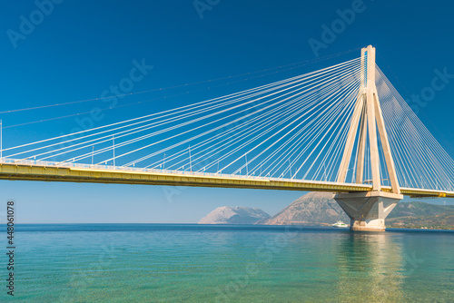 Modern Bridge Rion-Antirion. The bridge connecting the cities of Patras and Antirrio, Greece