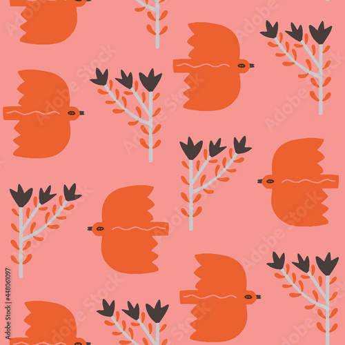 Mexican folk pattern with simple draw shapes of birds and flowers. Vector illustration