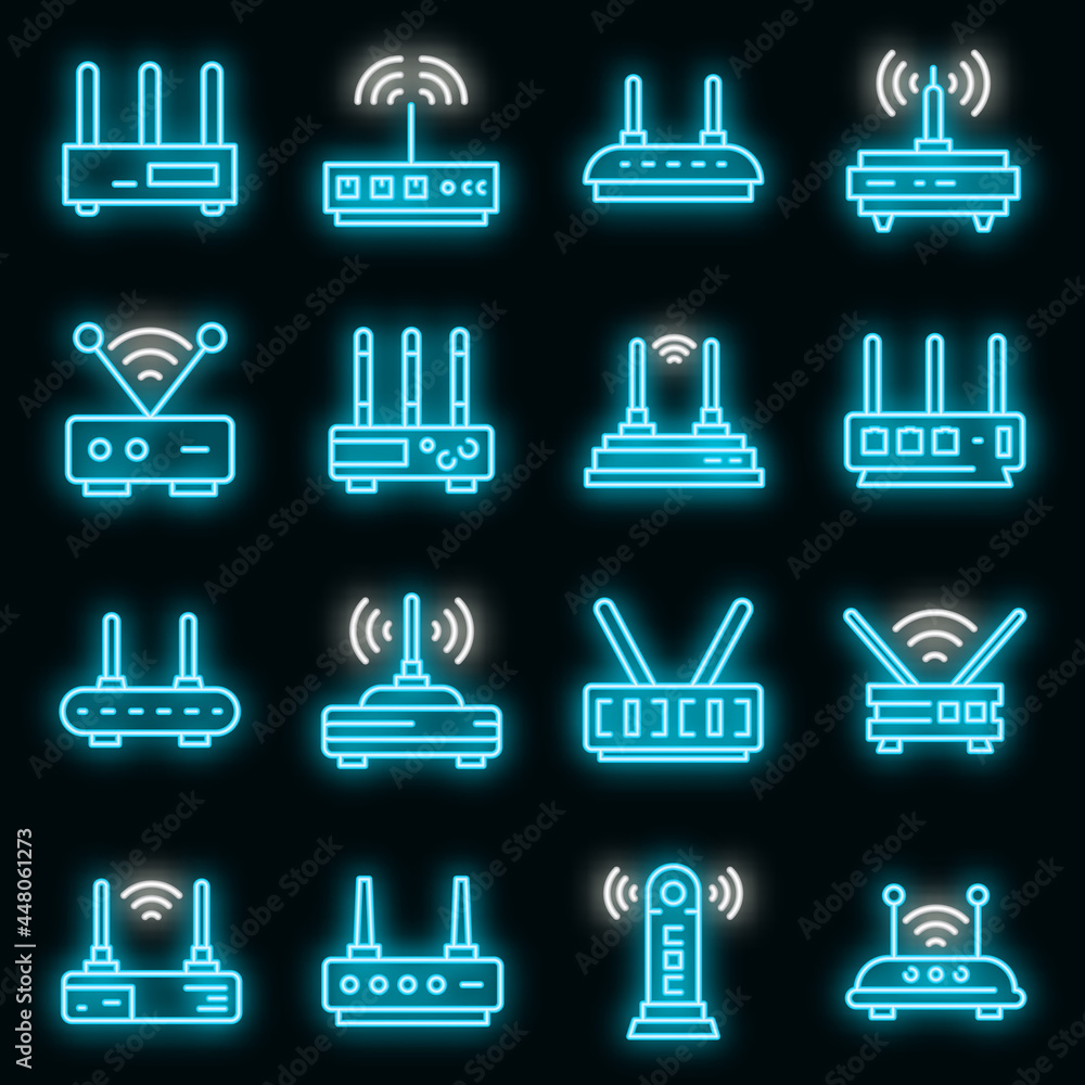 Modem icons set. Outline set of modem vector icons neon color on black Modem icons set. Outline set of modem vector icons neon color on black