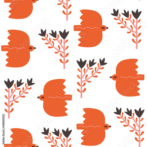 Mexican folk pattern with simple draw shapes of birds and flowers. Vector illustration