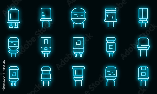 Capacitor icons set. Outline set of capacitor vector icons neon color on black