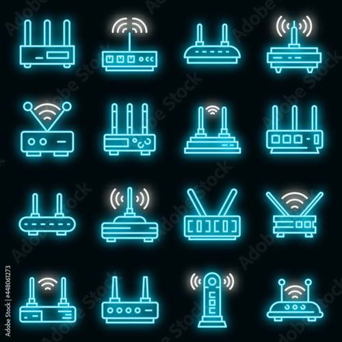Modem icons set. Outline set of modem vector icons neon color on black