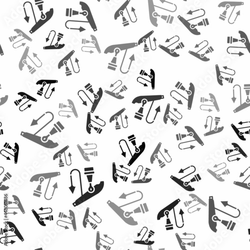 Black Fishing harpoon icon isolated seamless pattern on white background. Fishery manufacturers for catching fish under water. Diving underwater equipment. Vector