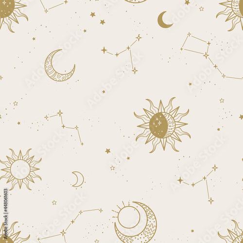 Modern magic seamless pattern, hand drawn symbols and ornaments, crystals, great for textiles, banners, wallpapers, wrapping - vector design