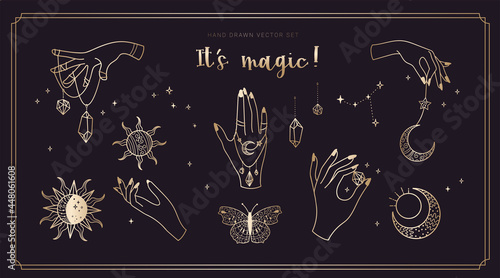 Set of magic hands with crystals and celestial symbols, trendy doodle art