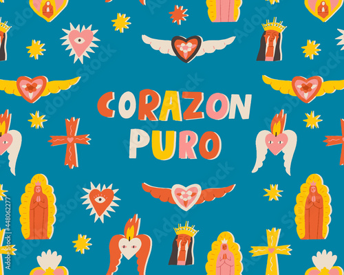 Valentines day card with Mexican catholic sacred traditional hearts, love cards and posters. Vector illustration