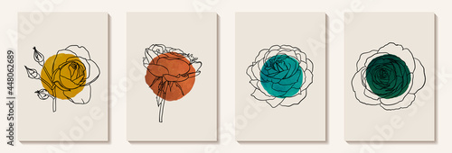 Creative minimalist hand painted Abstract art background with watercolor stain circle and Hand Drawn doodle rose outline. Design for wall decoration, postcard, poster or brochure