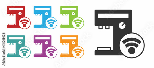 Black Smart coffee machine system icon isolated on white background. Internet of things concept with wireless connection. Set icons colorful. Vector