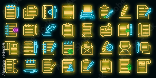 Writing icons set. Outline set of writing vector icons neon color on black