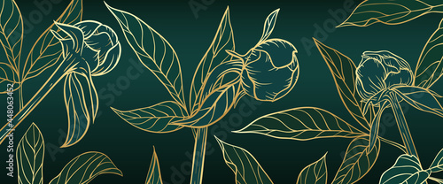 banner hand tekenen illustratie bloemen overzicht gouden bloem bud pioenroos en bladeren op zwarte achtergrond. voor wanddecoratie, ansichtkaart- of brochureomslagontwerp