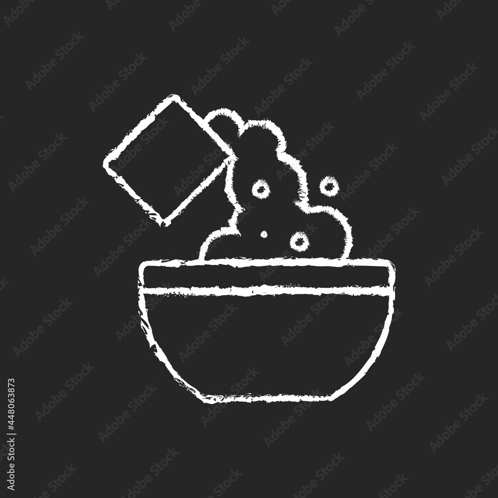 Add cooking ingredient chalk white icon on dark background. Pour flour to mixture. Baking guide step. Cooking instruction. Food preparation process. Isolated vector chalkboard illustration on black Add cooking ingredient chalk white icon on dark background. Pour flour to mixture. Baking guide step. Cooking instruction. Food preparation process. Isolated vector chalkboard illustration on black