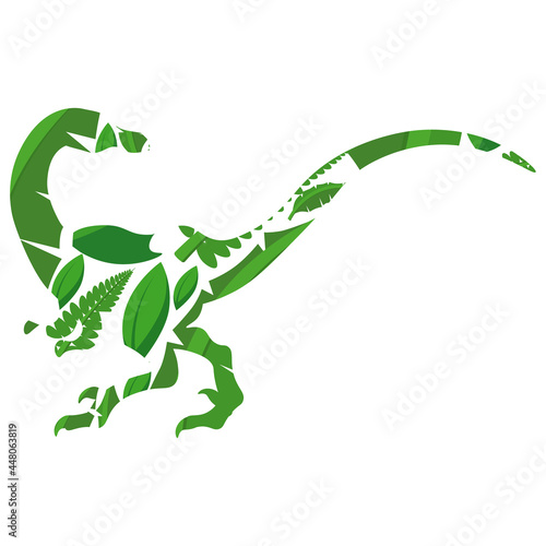 The silhouette of a dinosaur made of leaves of tropical plants and ferns. Vector illustration on a white background.