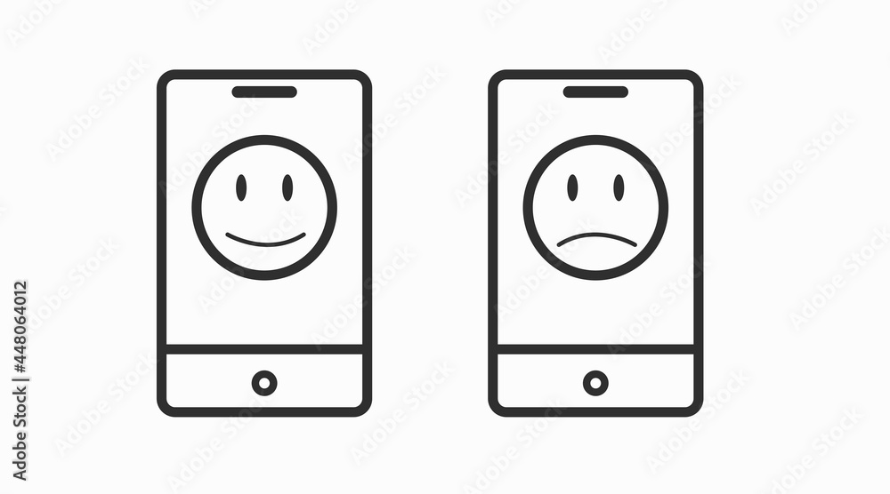 Smartphone set with happy and sad faces. Vector isolated editable black and white illustration Smartphone set with happy and sad faces. Vector isolated editable black and white illustration