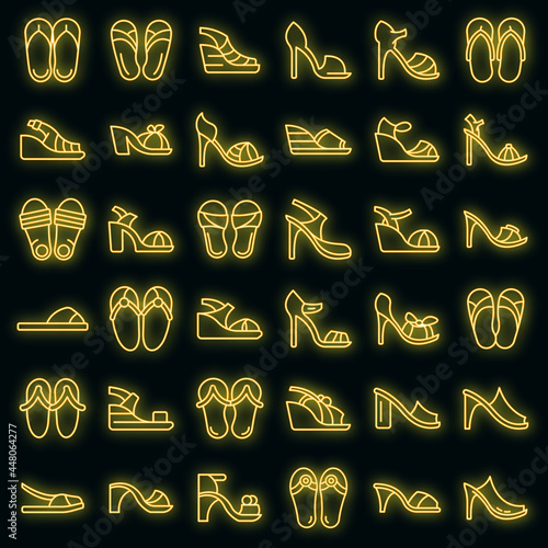 Sandals icons set. Outline set of sandals vector icons neon color on black